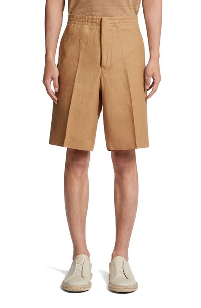 Zegna Mid-rise Linen Shorts In Tan