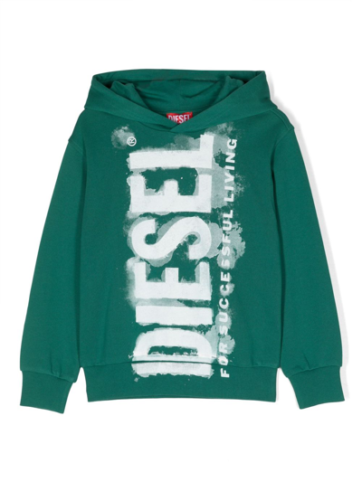Diesel Kids' Graphic-print Cotton Hoodie In Green