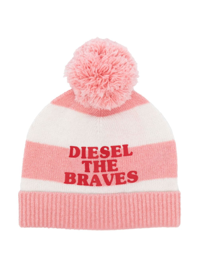 Diesel Kids' Logo-print Striped Knit Beanie In Pink