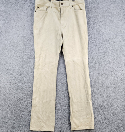 Pre-owned Lauren Ralph Lauren High-rise Straight Suede Pants Women's 12 Parchment Solid In White
