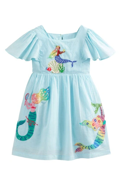 Mini Boden Kids' Flutter Sleeve Applique Dress Iced Aqua Mermaids Girls Boden