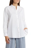 Eileen Fisher Band Collar Organic Cotton Seersucker Button-up Shirt In White