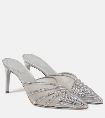 René Caovilla Embellished Satin Mules In White