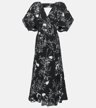 Victoria Beckham V-neck Floral-print Godet Dress With Sash Detail In Black,white