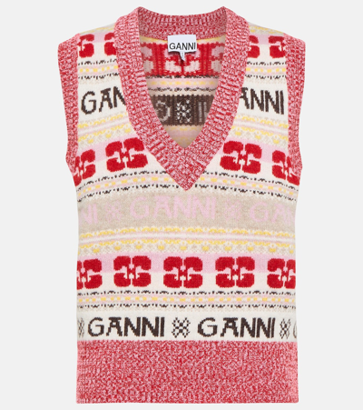 Ganni Logo Wool Blend Waistcoat In Multicolor