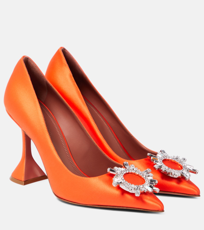 Amina Muaddi Crystal-embellished Satin Pumps In Orange