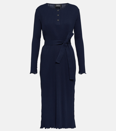 Apc Sandy Ribbed Cotton Midi Dress In Iak - Dark Navy Blue