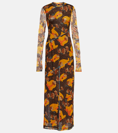 Sir Jacques Floral Mesh Midi Dress In Brown