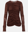 Sir Jacques Ruched Long Sleeve Mesh Top In Brown