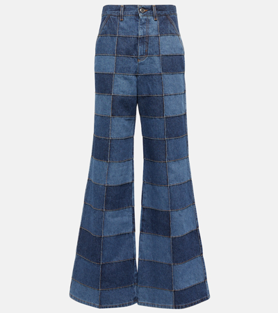 Chloé Patchwork Recycled Cotton-hemp Wide-leg Jeans In Blue