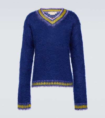 Marni Brushed Mohair Blend Knit V-neck Sweater In Blue