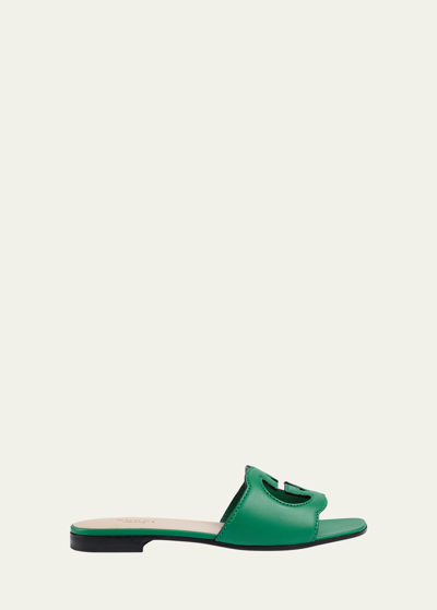 Gucci Leather Logo Cutout Flat Sandals In New Shamarock