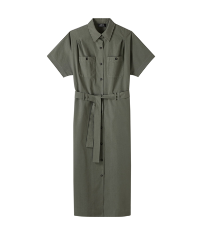 Apc Green New Drew Midi Dress In Kae - Muted Green