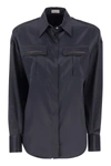 Brunello Cucinelli Women's Stretch Silk Satin Shirt With Shiny Pockets In Blue