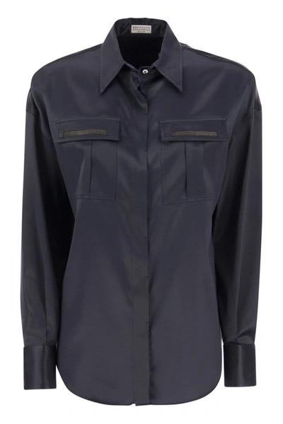 Brunello Cucinelli Stretch Silk Satin Shirt With Shiny Pockets In Blue