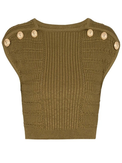 Balmain Viscose Rib Knit Crop Top In Brown