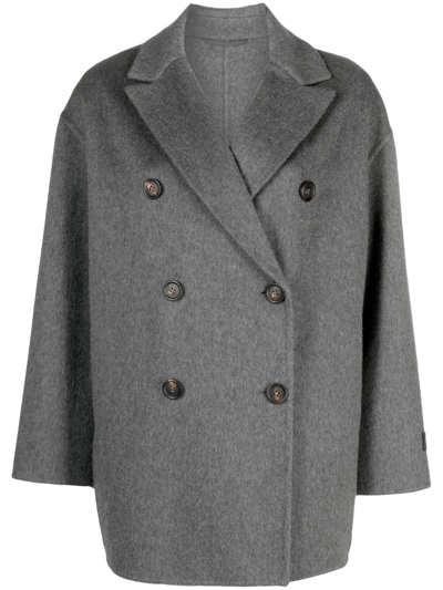 Brunello Cucinelli Cashmere Double Beaver Cloth Pea Coat With Precious Patch In Gray