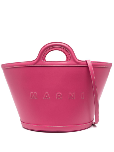 Marni Dark Pink Leather Small Tropicalia Handbag In Pattern