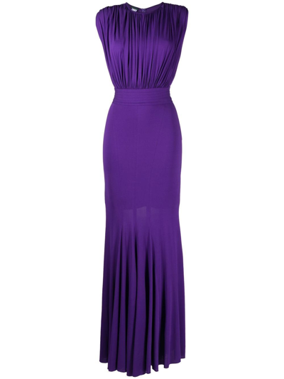 Herve L Leroux High-neck Draped Fishtail Gown In Purple