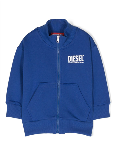Diesel Babies' Logo-print Zipped Cotton Sweatshirt In Blue