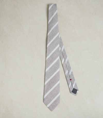 Brunello Cucinelli Striped Linen Tie In Brown White