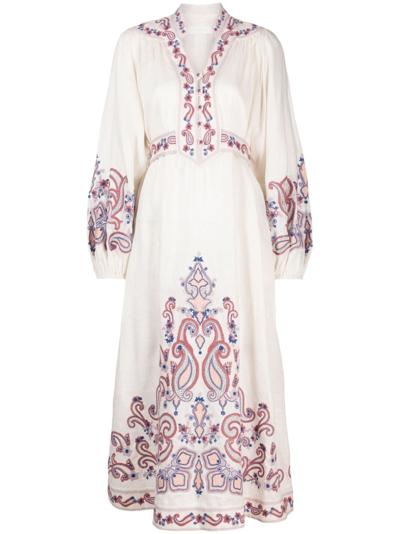 Zimmermann Devi Embroidered Long Sleeve Wrap Linen Midi Dress In Multi