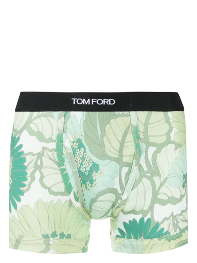 Tom Ford Floral-print Stretch-cotton Boxers In Green