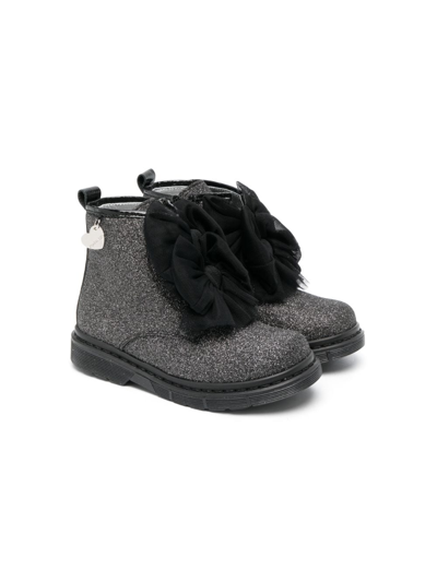 Monnalisa Kids' Bow-detail Glittered Ankle Boots In Black