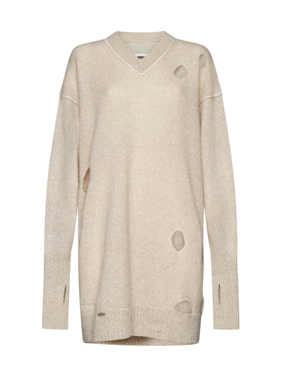 Mm6 Maison Margiela Distressed Knitted Dress In Neutrals