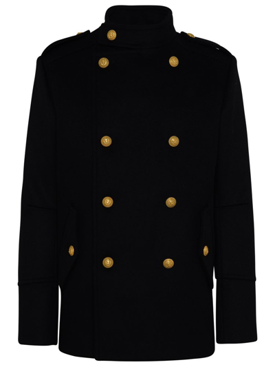 Balmain High Neck Double Breasted Peacoat In Black