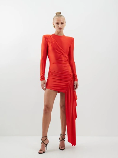 Alexandre Vauthier Draped Strong-shoulder Long-sleeve Mini Dress In Red
