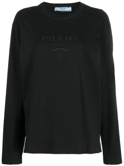 Prada Logo-embroidered Long-sleeve Cotton T-shirt In Black