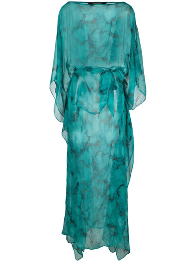 Roberto Cavalli Draped Marbled-pattern Maxi Dress In Blue