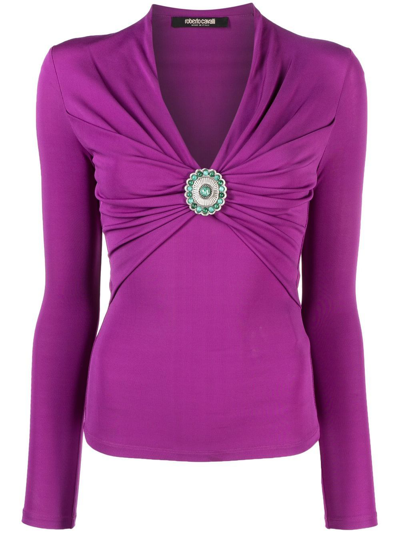 Roberto Cavalli Gathered-front Long-sleeve Top In Purple