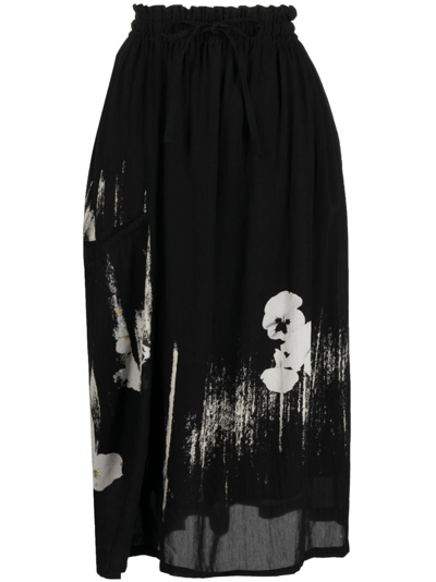 Y's Floral-print Asymmetric Skirt In Black