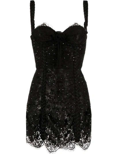 Alessandra Rich Embellished Lace Bustier Mini Dress In Black