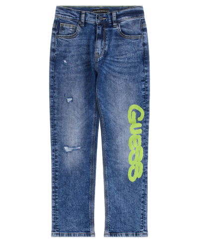 Guess Big Boys Crackle Print Logo Stretch Denim Oversized 5 Pocket Jeans In Blue