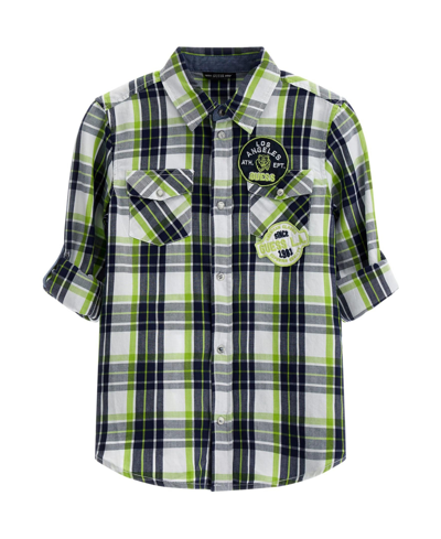 Guess Big Boys Embroidered Logo Patches Light Twill Plaid Button Up Woven Shirt In Green