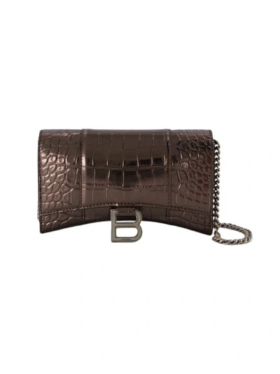 Balenciaga Dark Bronze Leather Hourglass Wallet On Chain In Brown