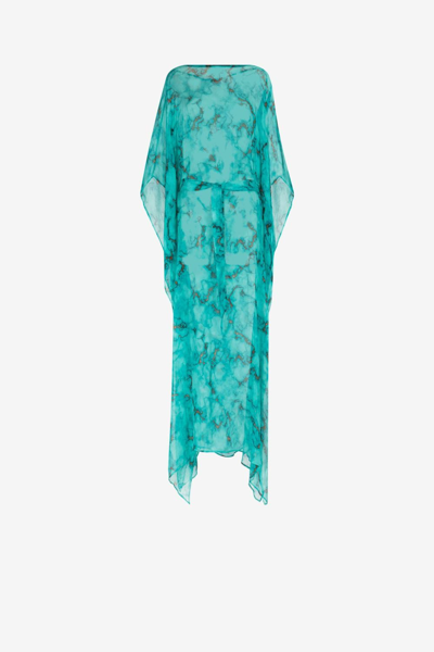 Roberto Cavalli Printed Silk Chiffon Belted Kaftan Dress In Turquoise