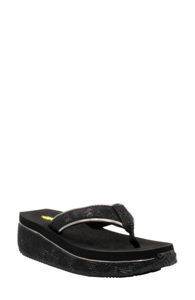 Volatile Neville Platform Flip Flop In Black Metallic Faux Leather