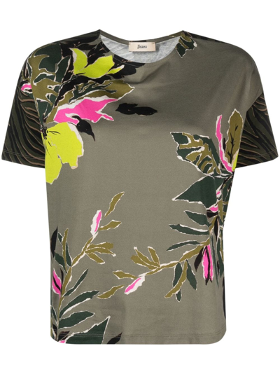 Herno Floral-print Cotton T-shirt In Grün