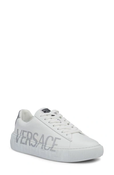 Versace La Greca Logo-print Low-top Sneakers In White Silver