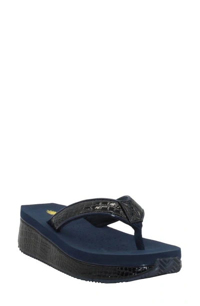 Volatile 'mini Croco' Wedge Sandal In Navy