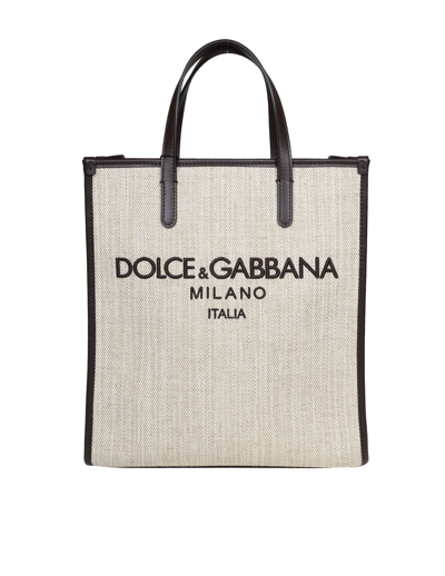 Dolce & Gabbana Small Shopping Bag In Canvas With D&g Milano Logo In Beige