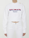 Balmain 3-button Flocked Logo-print Crop Sweatshirt In White