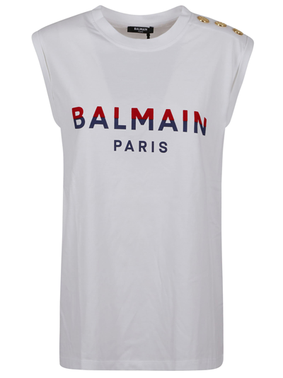 Balmain Paris Flocked T-shirt In White Red Navy