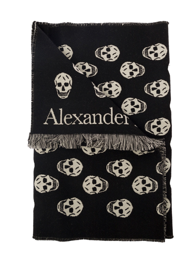 Alexander Mcqueen Black Scarf With All-over Skull Motif In Wool Man