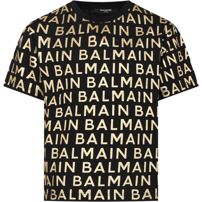 Balmain Kids' Logo棉t恤 In Black/gold