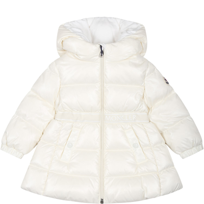 Moncler White Alis Down Jacket For Baby Girl With Logo